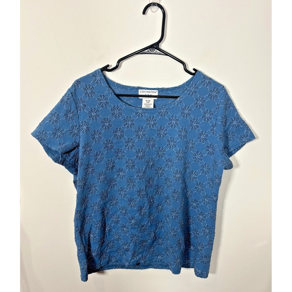 Covington Women's XL (18) Blouse Short Sleeve Blue Floral Stretch Shirt